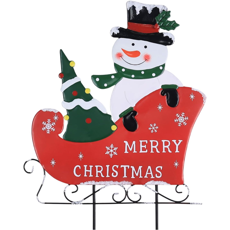 Outdoor Christmas Decorations, Metal Snowman With Sleigh Decorative