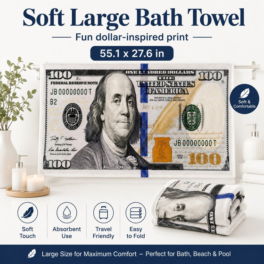 55x28in Cash Print Beach Towel Soft Velour Absorbent US Dollar Seaside