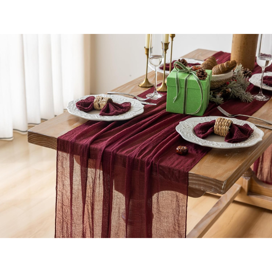 Fall Christmas Decorations Burgundy Cheesecloth Table Runner 120 Inches
