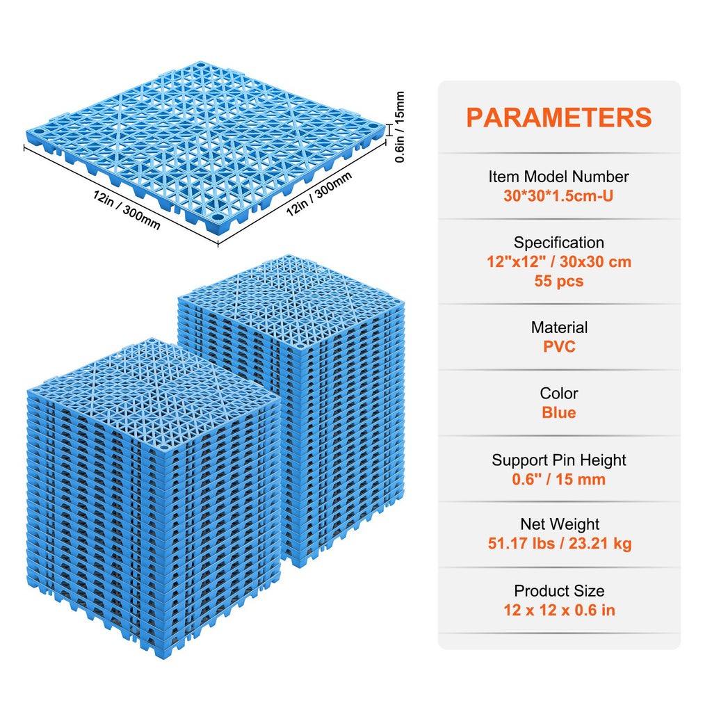 Vevor Interlocking Tile 55PCS Blue, Drainage Tiles Splicing, PVC
