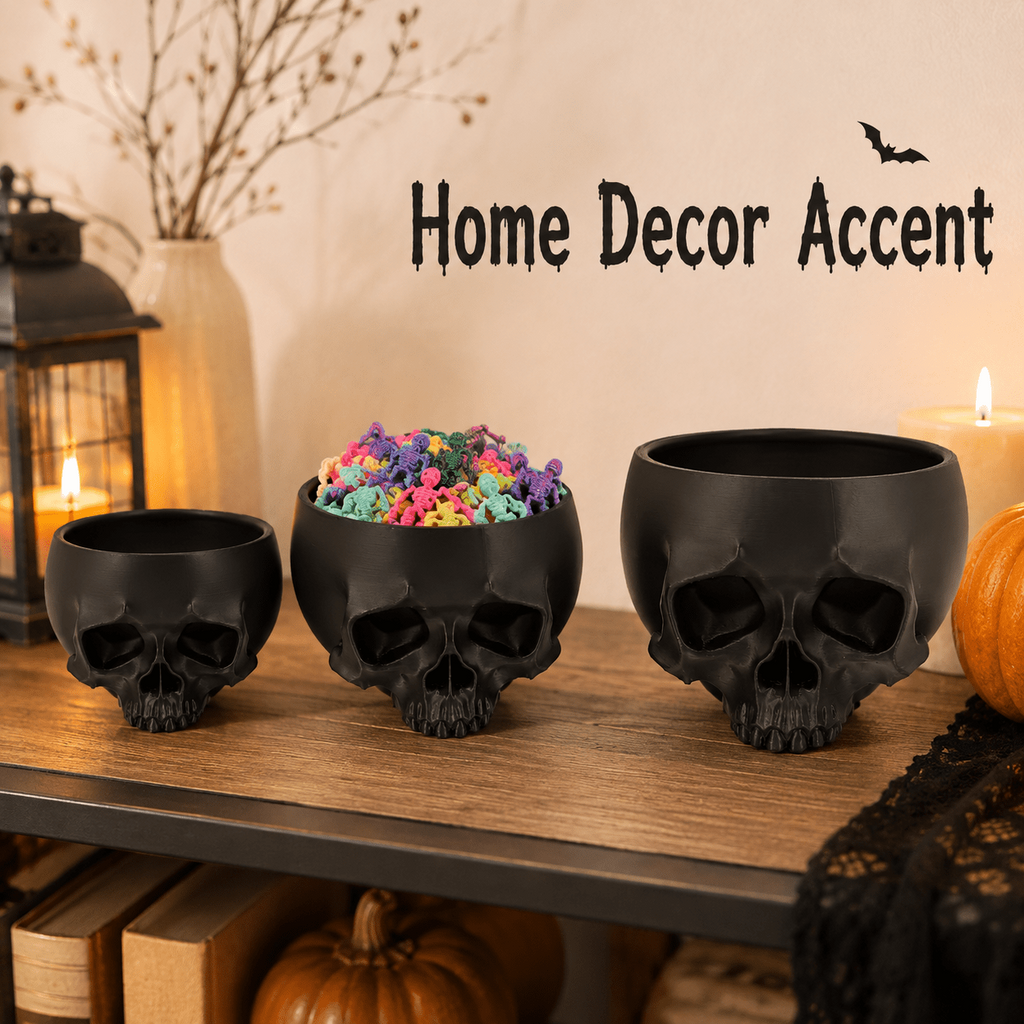 3D Printed Halloween Skull Storage Bowl, Black Gothic Desktop Organizer