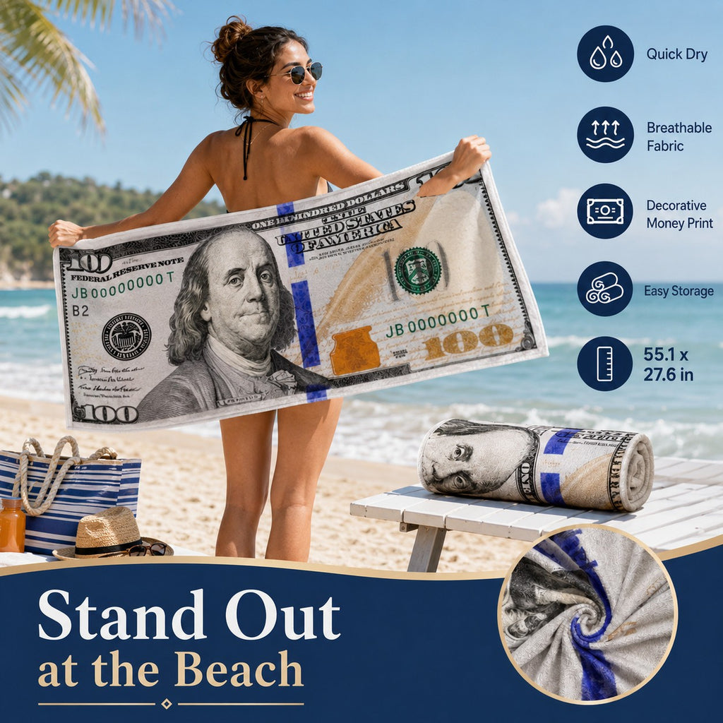 55x28in Cash Print Beach Towel Soft Velour Absorbent US Dollar Seaside