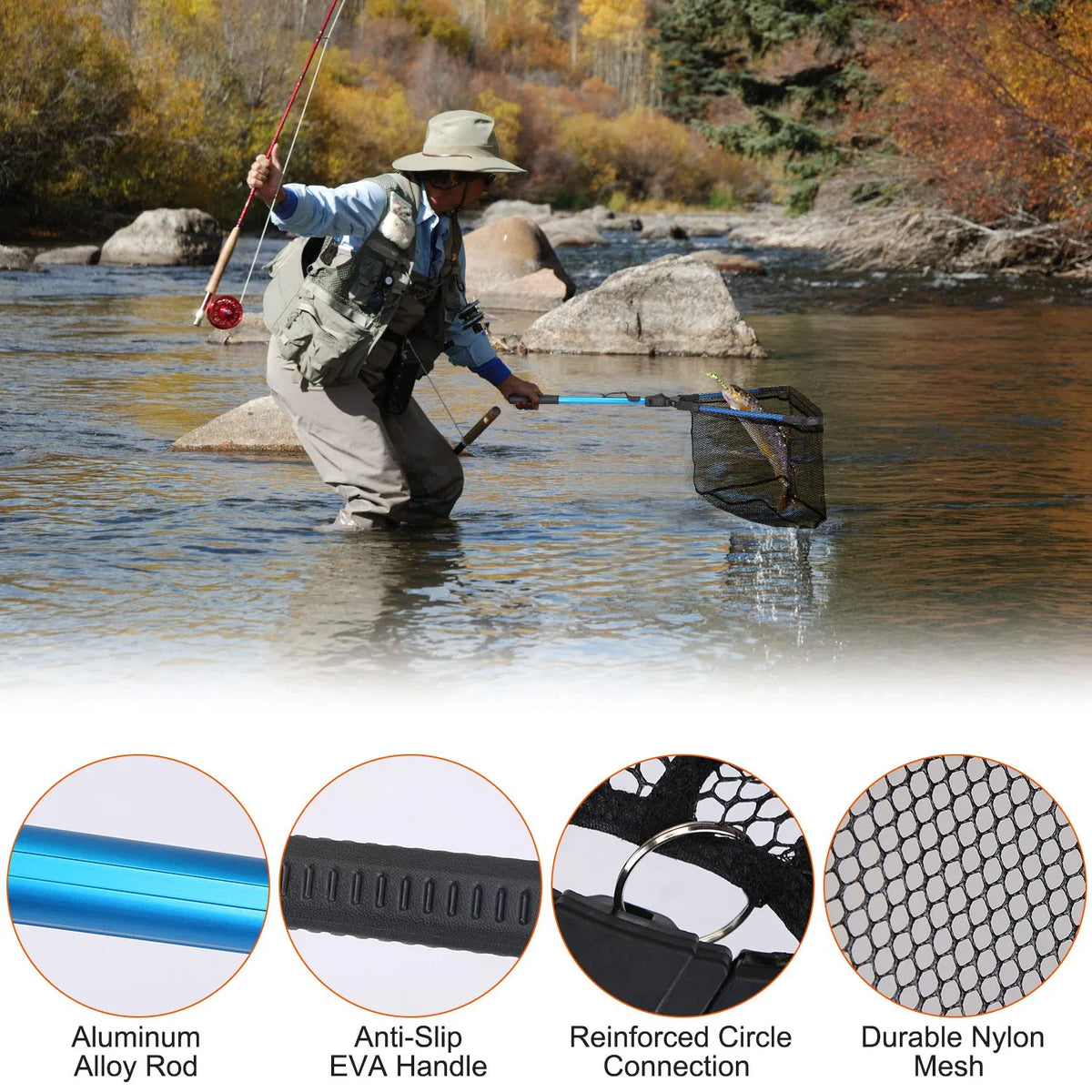 Foldable Fishing Landing Net, Aluminum Handle