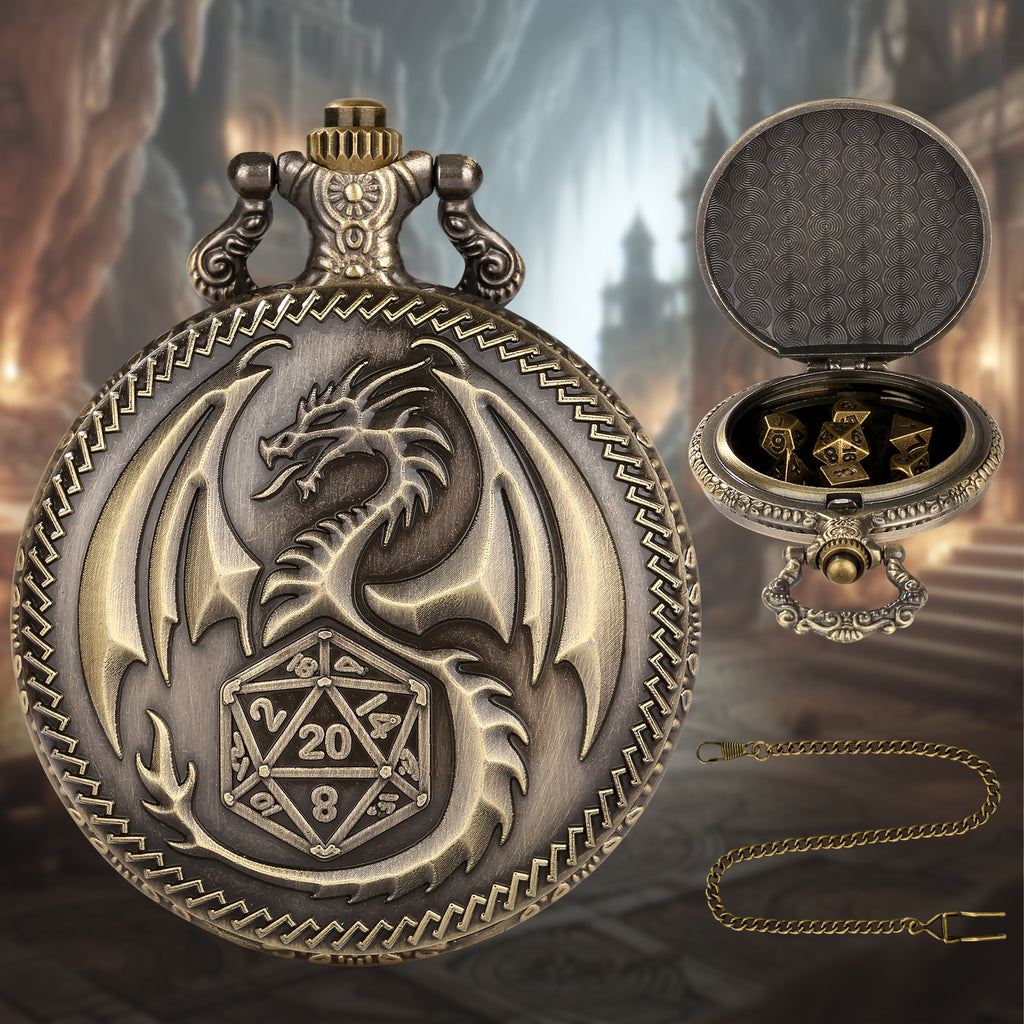 Creative Thick Chain Pocket Watch Set, Equipped With 7 Mini DND Game