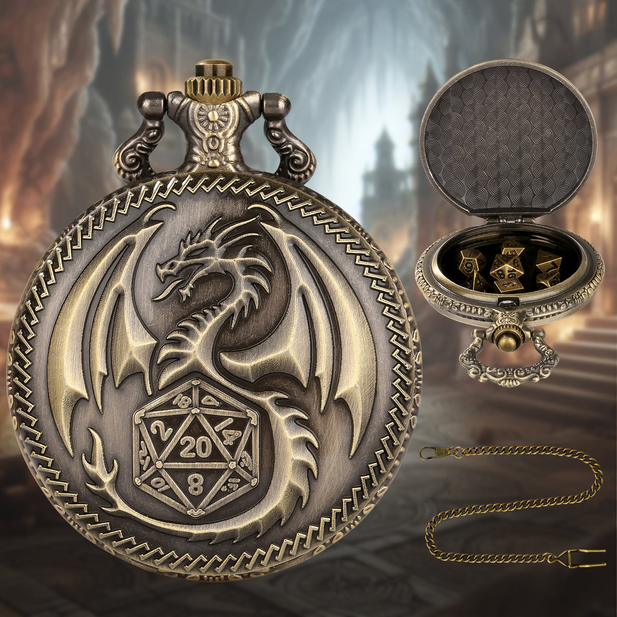 Creative Thick Chain Pocket Watch Set, Equipped With 7 Mini DND Game