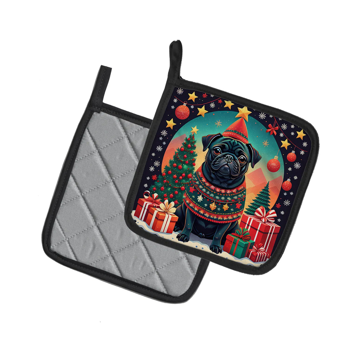 Black Pug Christmas Pair Of Pot Holders Kitchen Heat Resistant Pot