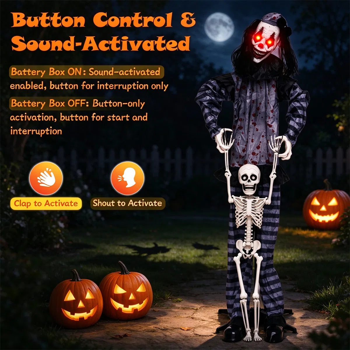 70" Life Size Animated Halloween Clown Prop With Lifted Skeleton