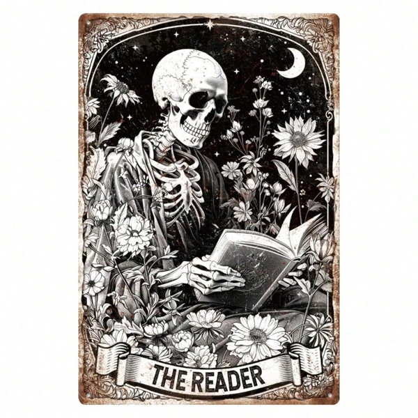 Vintage Retro Skeleton Reading Books Metal Tin Sign, Funny Floral Moon