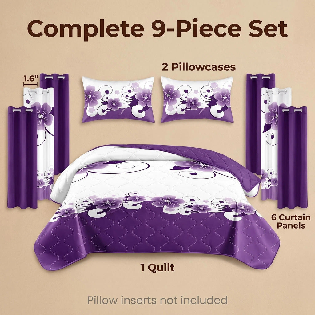 9-Piece Purple And White Gardenia Bedspread And Curtain Set, Reversible