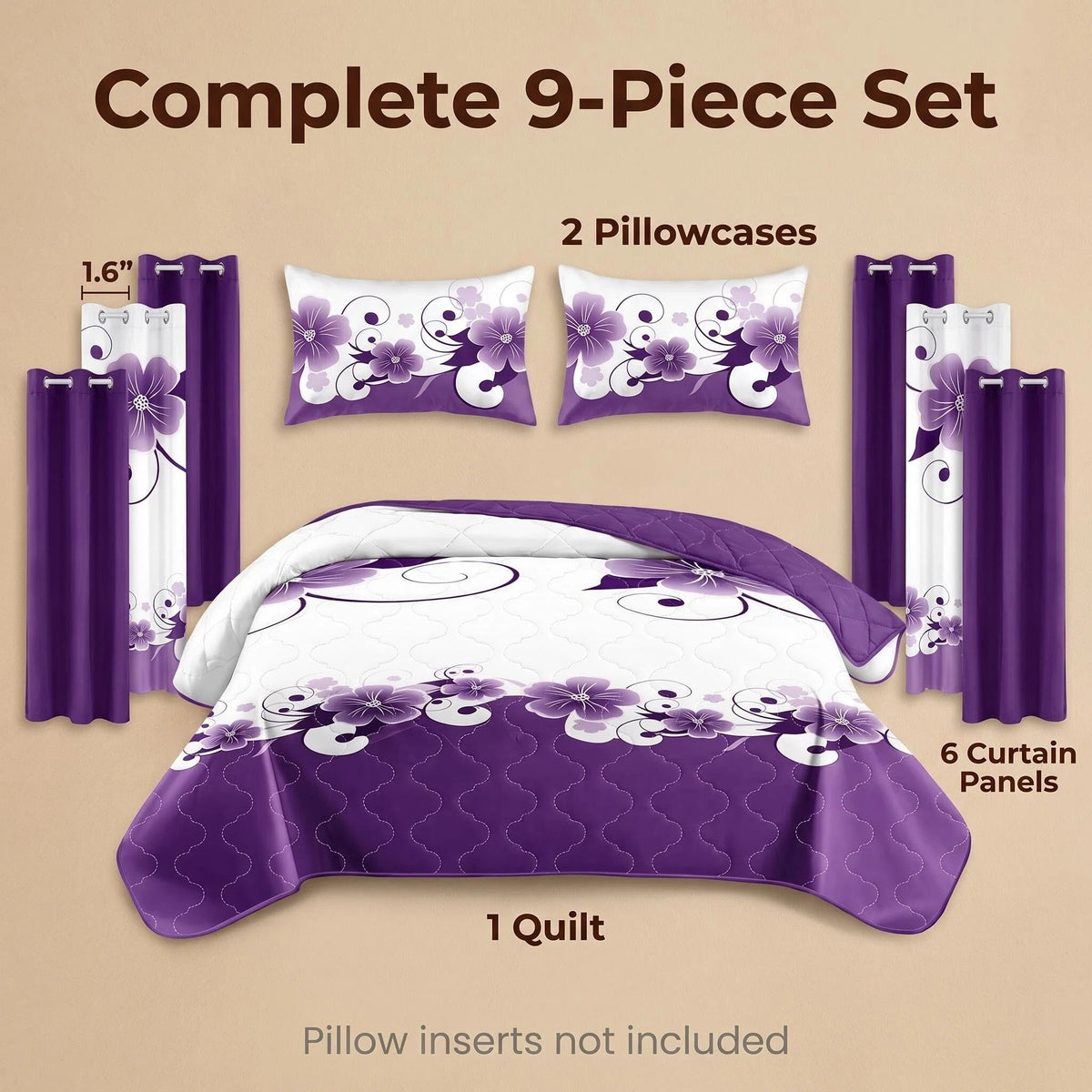 9-Piece Purple And White Gardenia Bedspread And Curtain Set, Reversible