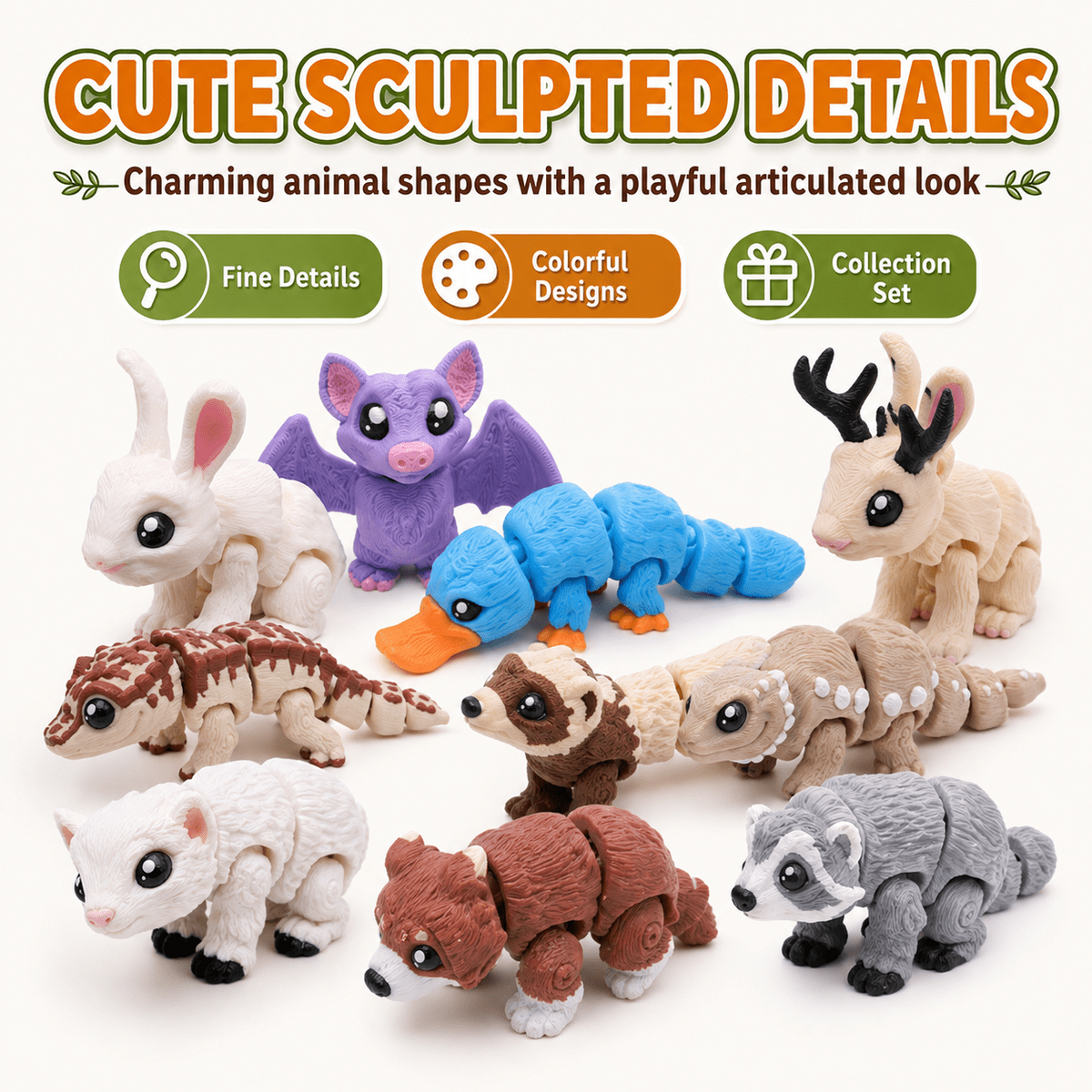 21PCS 3D Printed Mini Animal Figurine Set, Articulated Mixed Animal