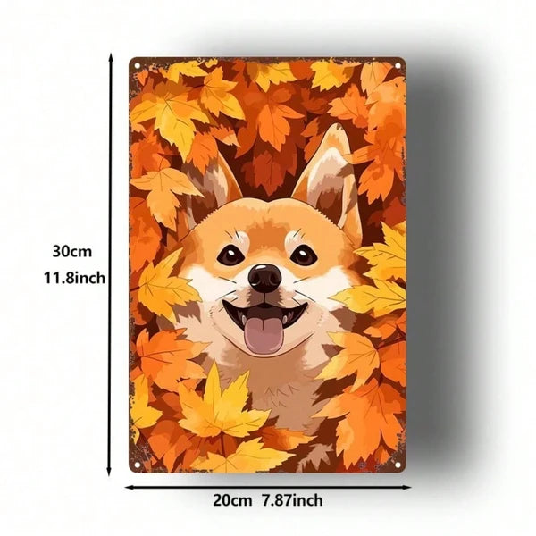Cute Shiba Inu Metal Sign Autumn Leaves Dog Plaque Sturdy Tin Wall Art