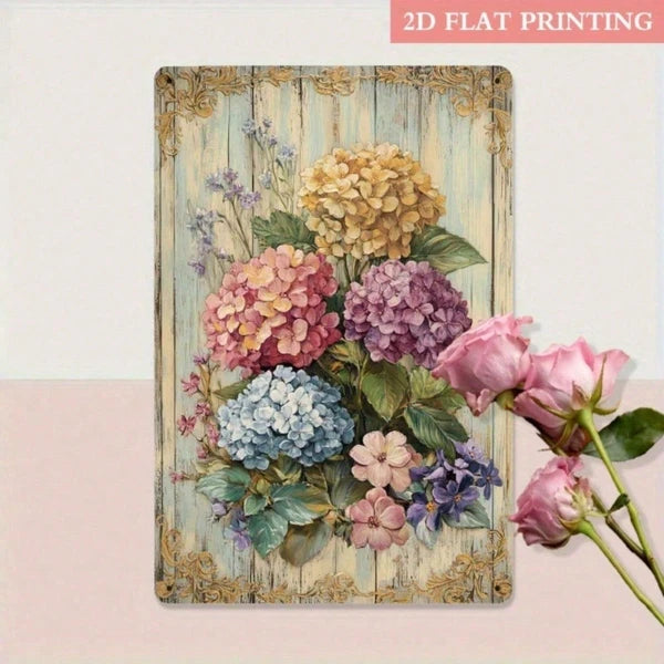 Vintage Metal Iron Sign Vibrant Hydrangea Bouquet With Golden Accents