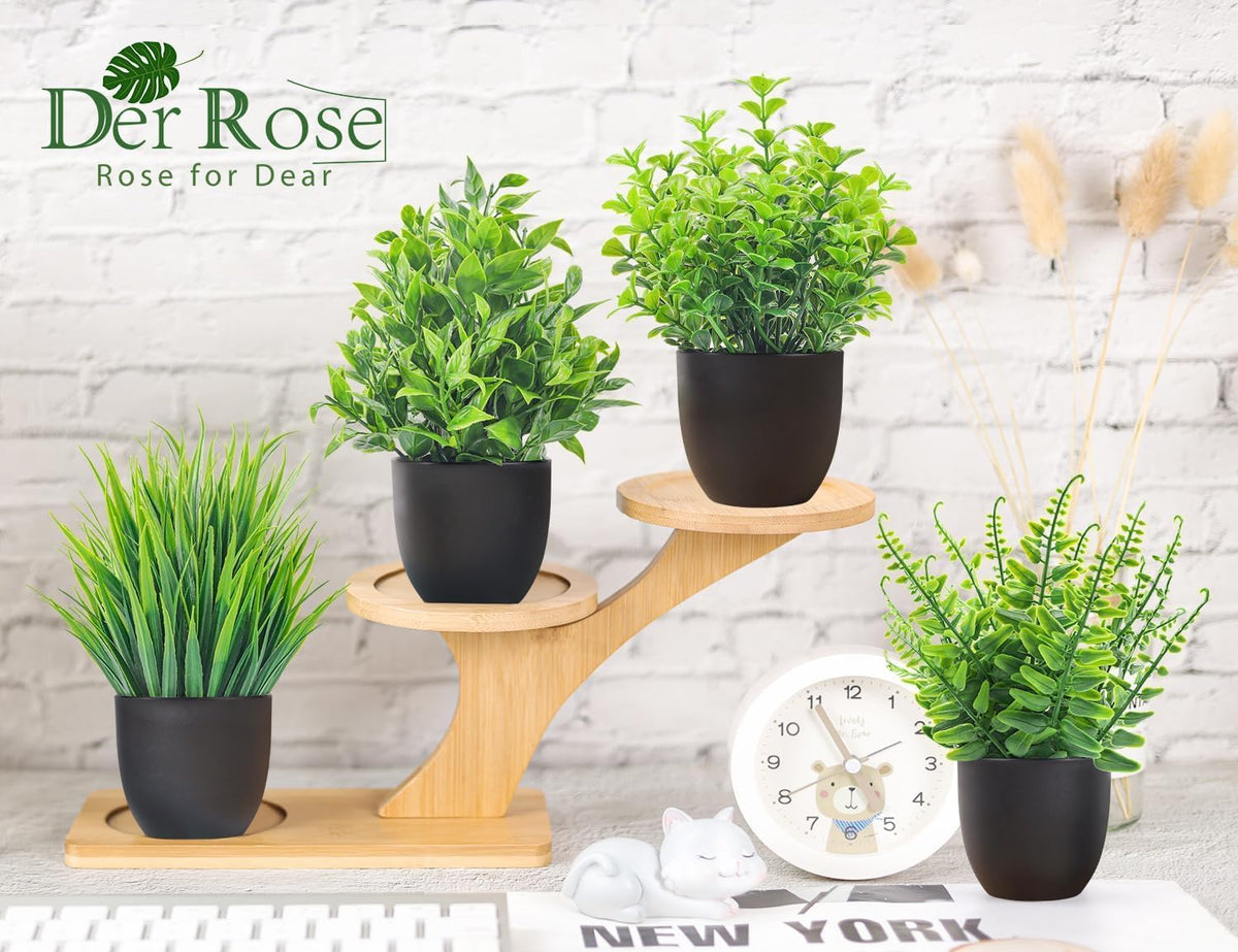 4 Pack Small Fake Plants In Black Pots, Artificial Mini Plants