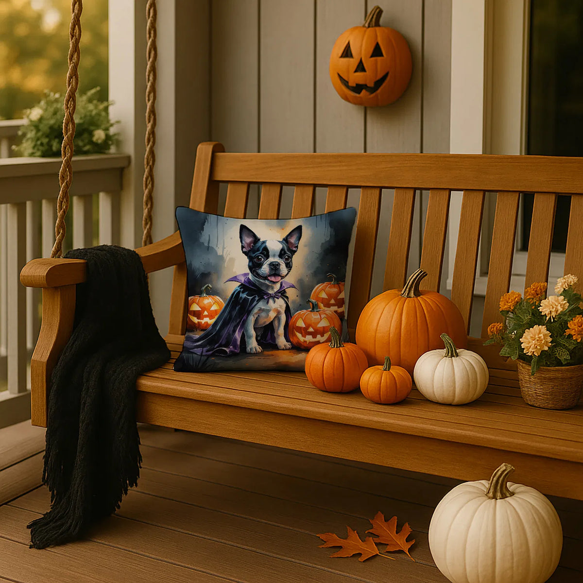 Boston Terrier Puppy Halloween Throw Pillow Machine Washable, Indoor