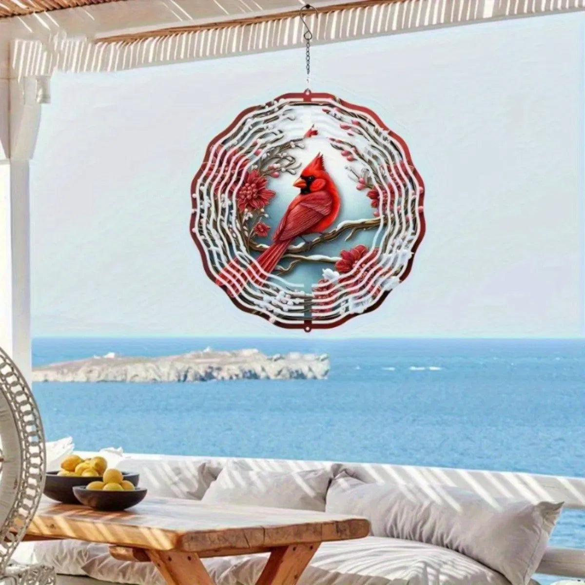 Vibrant Red Cardinal Wind Spinner With Mandala Wind Chime Garden Art