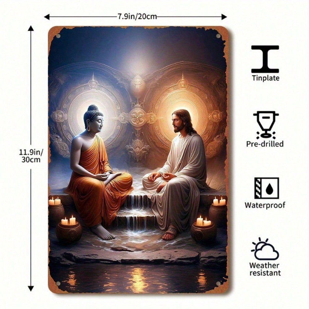 Vintage Metal Wall Art Buddha Jesus 2D Flat, Monastery Scene Religious