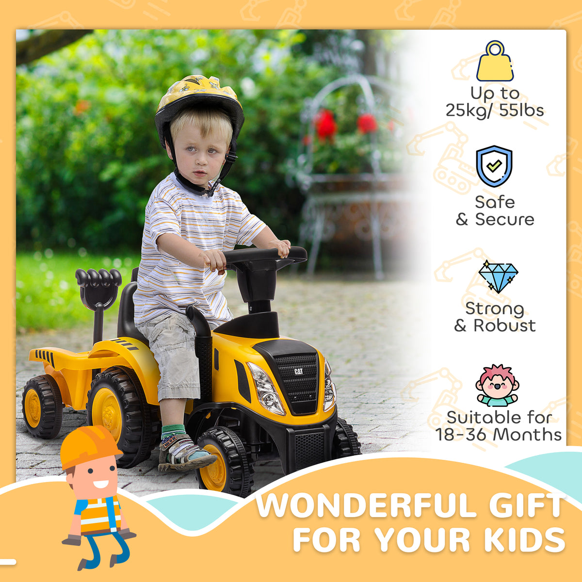 Caterpillar Licensed Ride-on Construction Toy With Shovel & Trailer, No