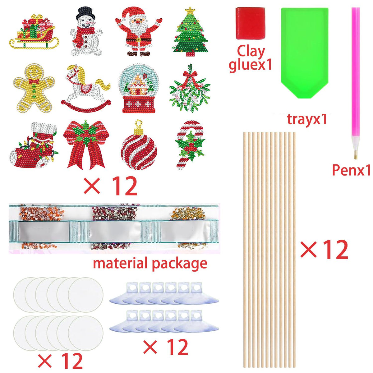 12Pcs Christmas Rhinestones Painting Kits Santa Claus Snowman