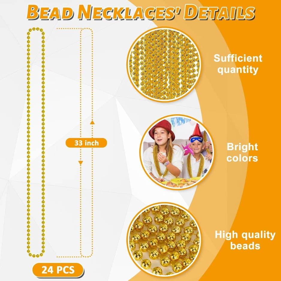 12PCS Mardi Gras Beads Necklace Set, 33 Gold Beaded Necklaces, Festive