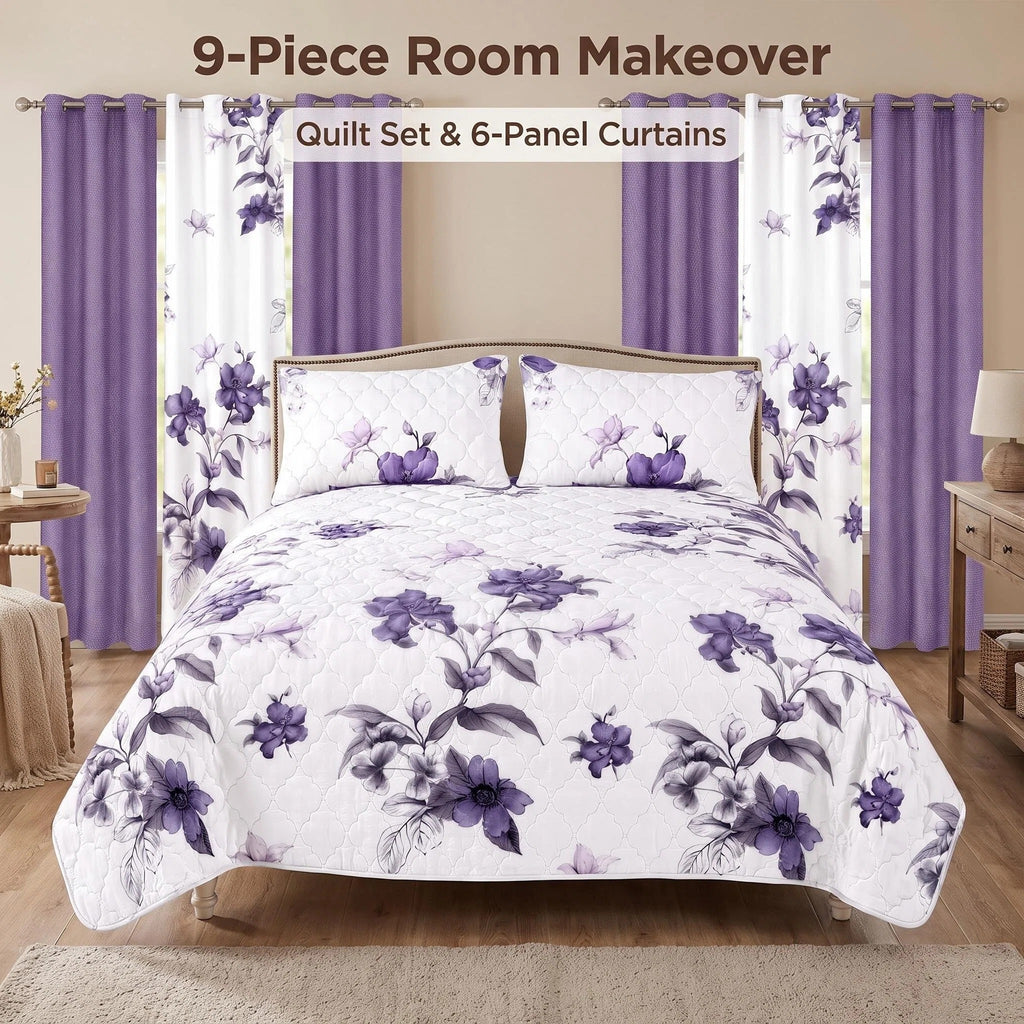 9-Piece Purple Floral Bedspread And Curtain Set For California King