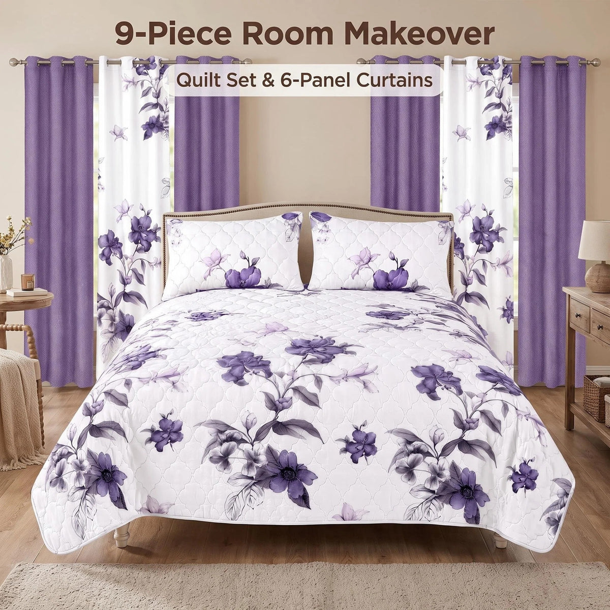 9-Piece Purple Floral Bedspread And Curtain Set For California King
