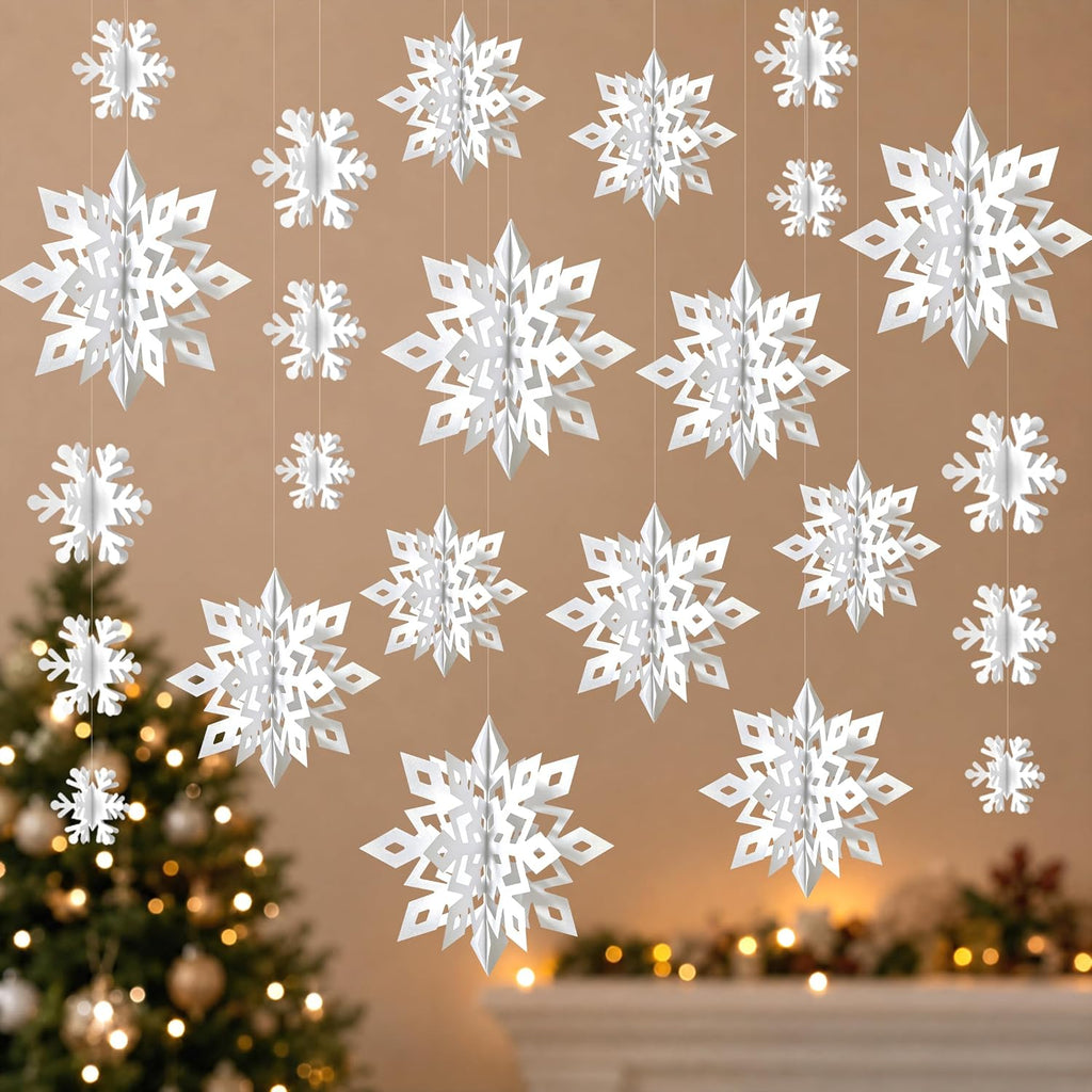 White Paper Snowflake Decorations 14 Units, Hanging Christmas Decor