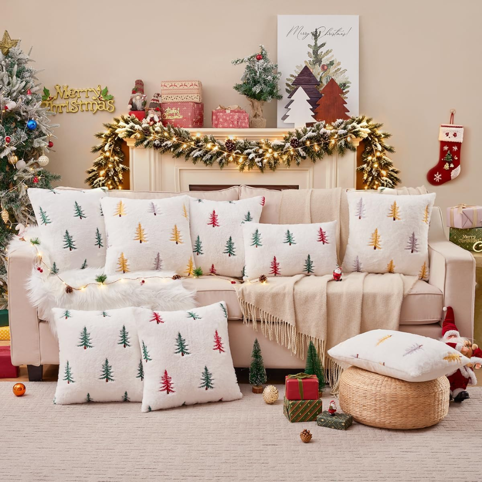 Fluffy Christmas Green Tree Throw Pillow Covers 18x18 Set Of 2