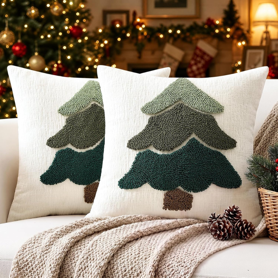 2Pcs Chenille Christmas Tree Pillow Covers 18x18, Green Holiday Decor