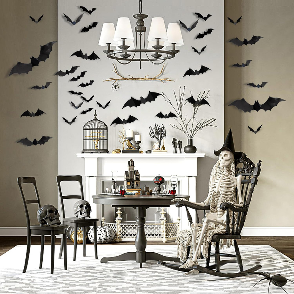 120Pcs 3D Bat Wall Decor Stickers - Realistic Black PVC Bat Decals