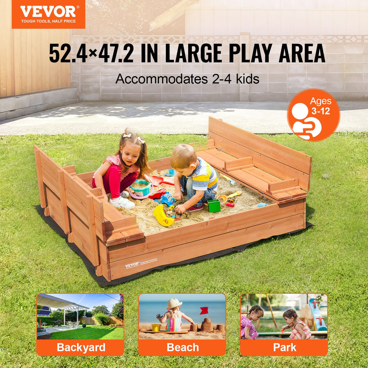 Wooden Sandbox, 52.4 X 47.2 X 16.9 In Sand Box, Sand Pit With Foldable