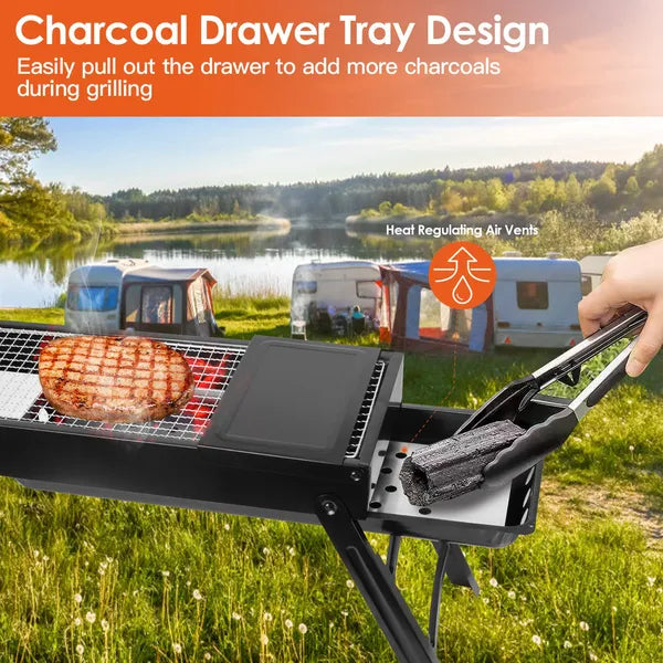 Foldable Charcoal Grill with Side Shelf