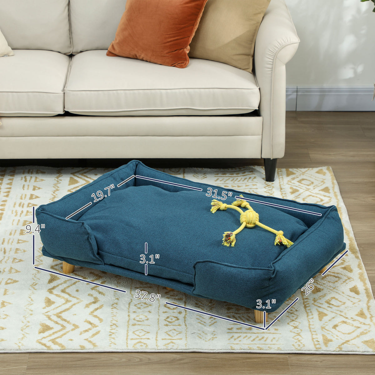 Raised Dog Couch With Comfortable Cushion, Pine Wood Legs, Foot Pads