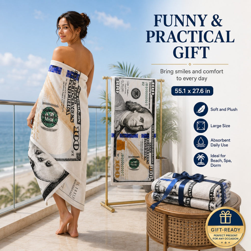 55x28in Cash Print Beach Towel Soft Velour Absorbent US Dollar Seaside