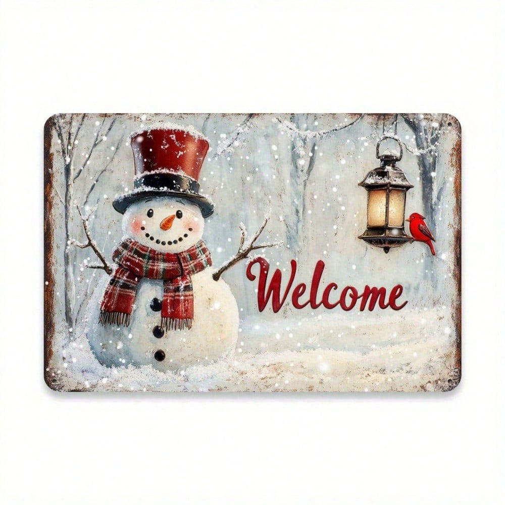 1pc Rustic Snowman And Bird Christmas Welcome Sign, Welcome Sign, Iron