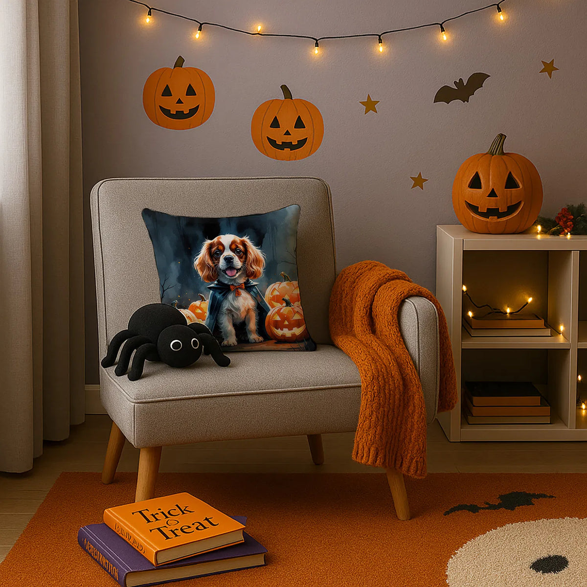 Cavalier Spaniel Puppy Halloween Throw Pillow Machine Washable, Indoor
