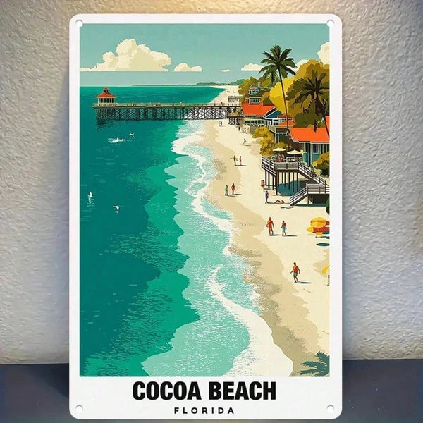 1pc Retro Cocoa Beach Florida Metal Tin Sign, Vibrant Coastal Paradise