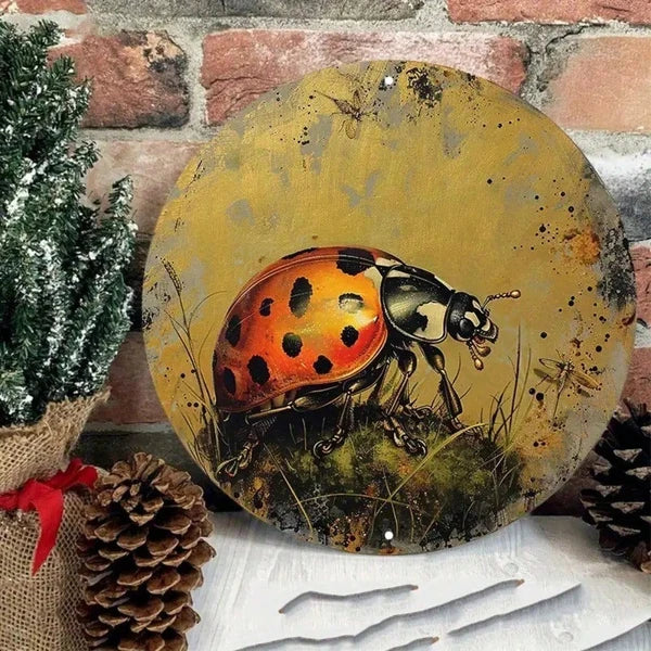 1pc 8x8 Inch Round Aluminum Metal Sign, Golden Ladybug Wall Decor