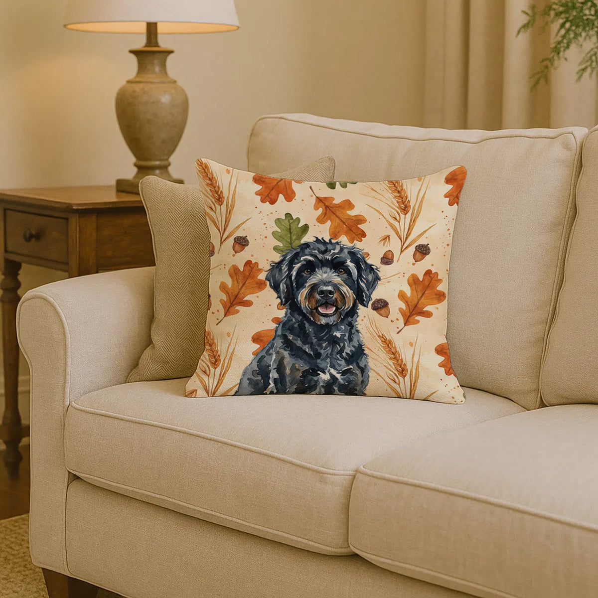 Black Portuguese Water Dog Heirloom Fall Throw Pillow Decorative Indoor