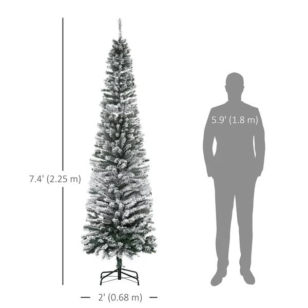 7.5ft Flocked Christmas Tree, Pencil Christmas Tree With Realistic
