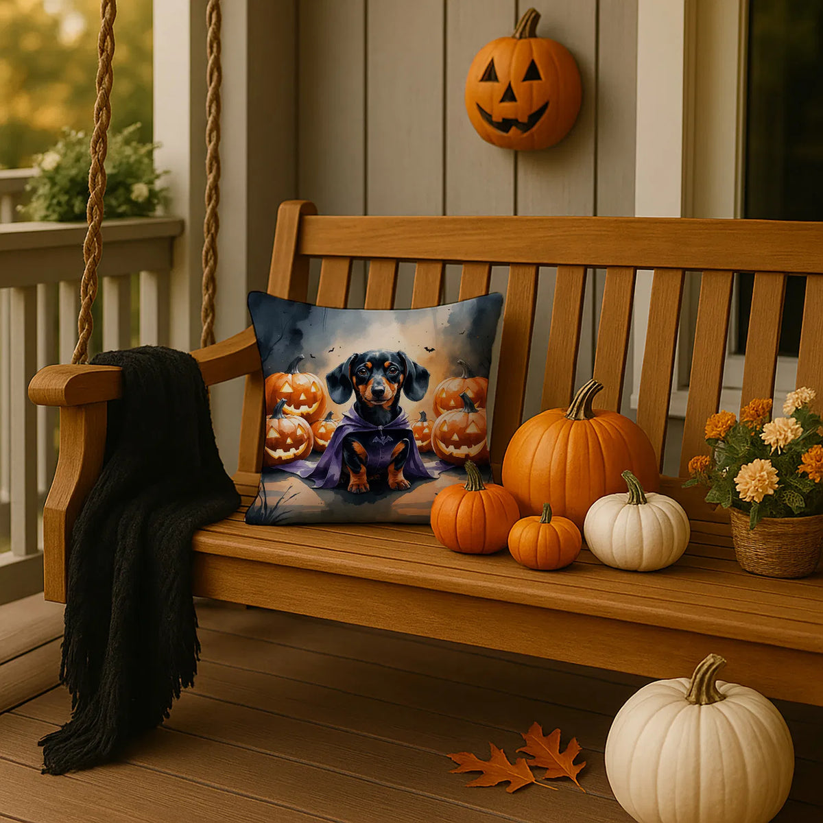 Dachshund Puppy Halloween Throw Pillow Machine Washable, Indoor Outdoor