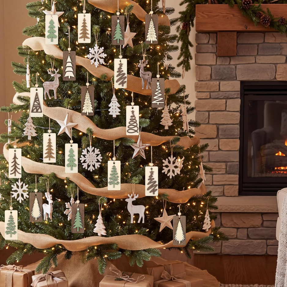 4Pcs Rustic Christmas Wooden Ornaments For Tree Decor