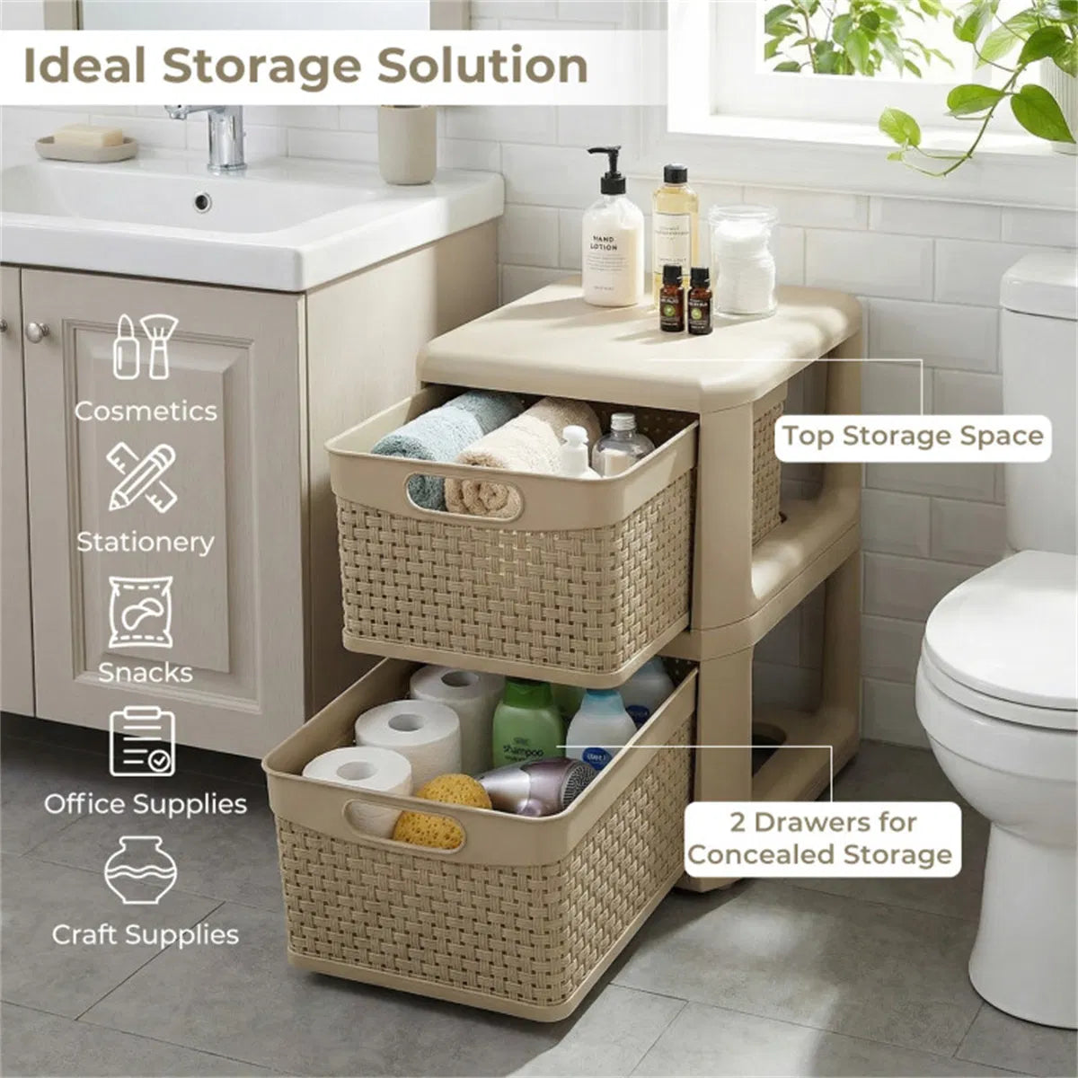 2-Drawer PP Storage Organizer Wicker Style Narrow Cabinet For Home