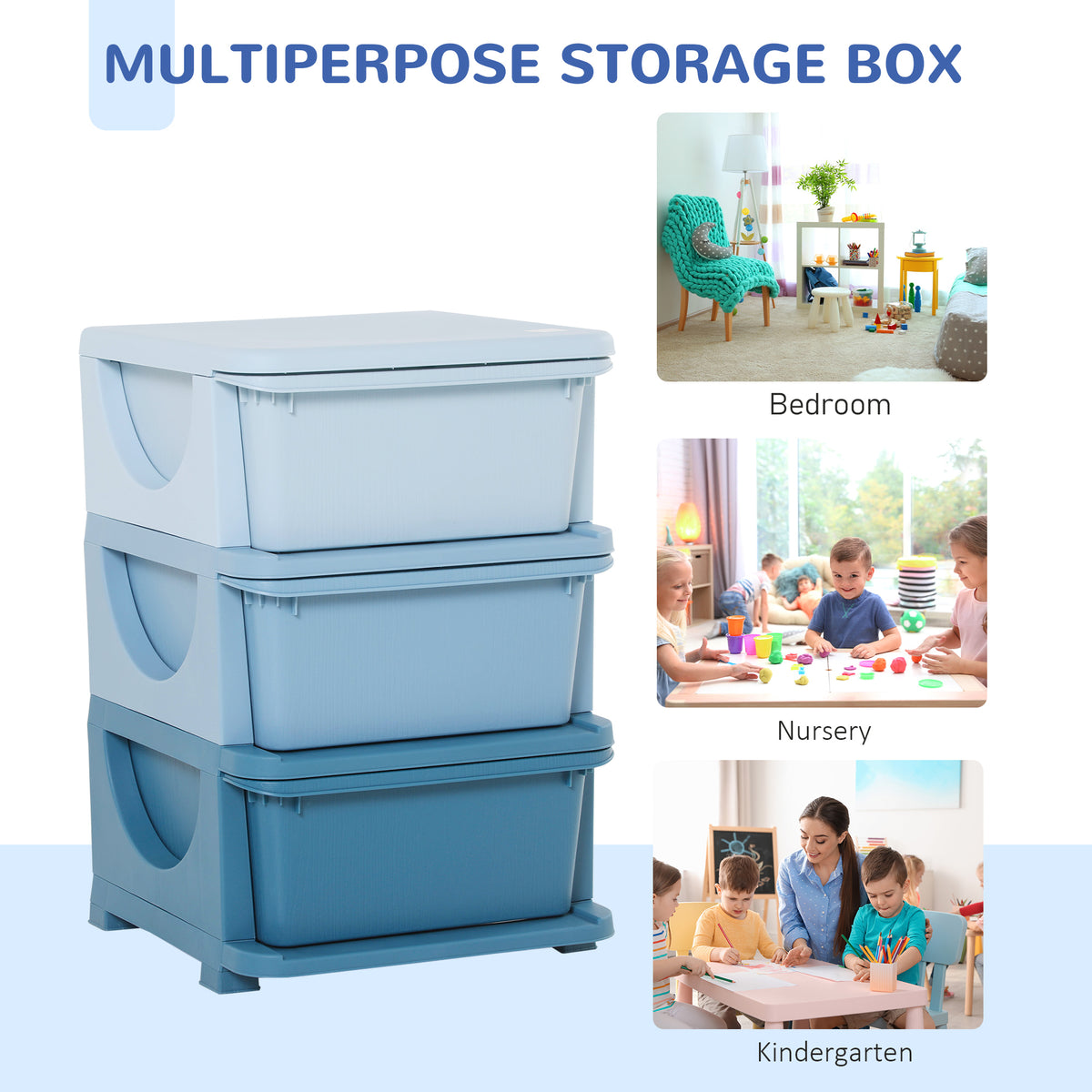 3 Tier Kids Toy Storage Organizer With Drawers, Blue, Chest For Bedroom
