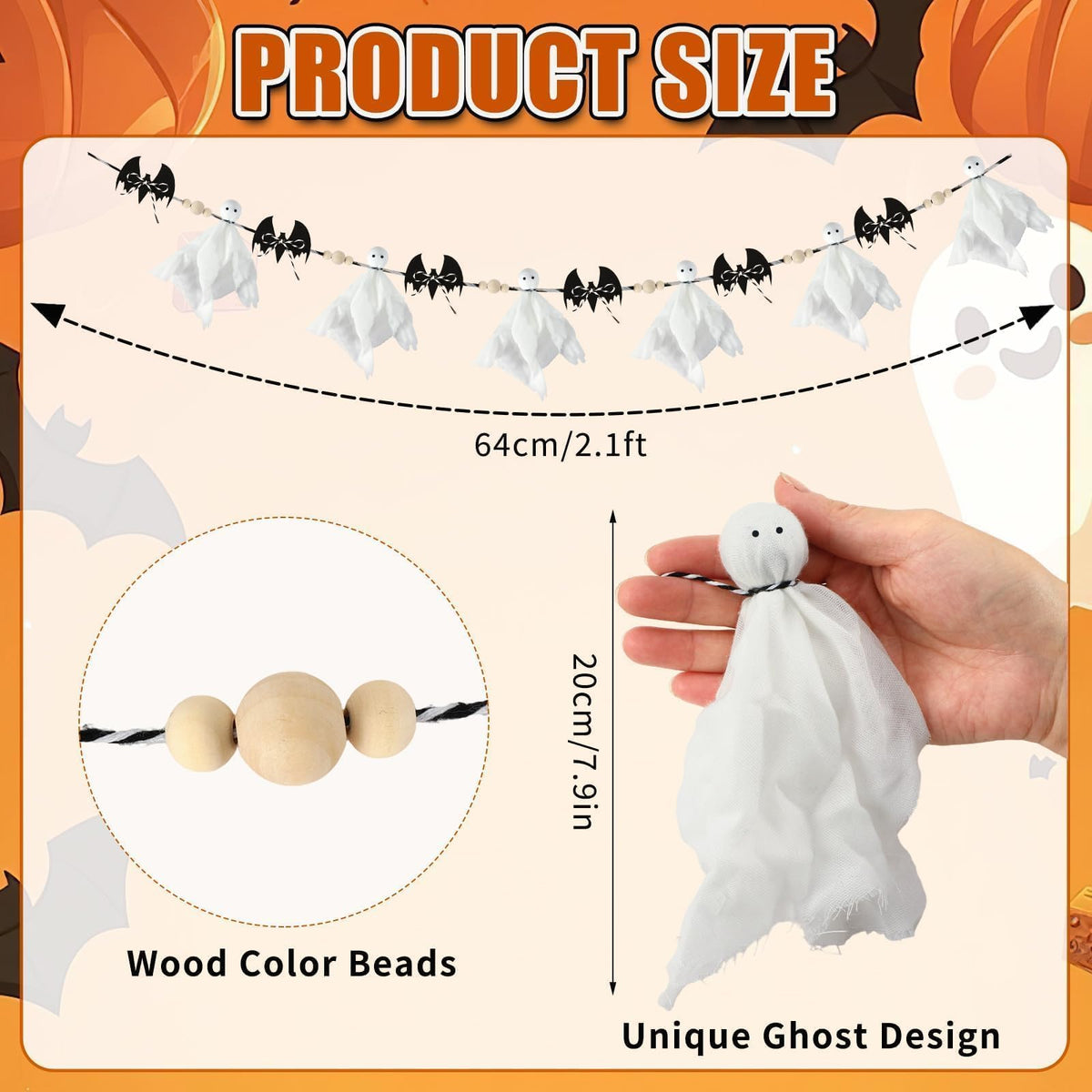 Halloween Ghost and Bat Garland, 7 ft