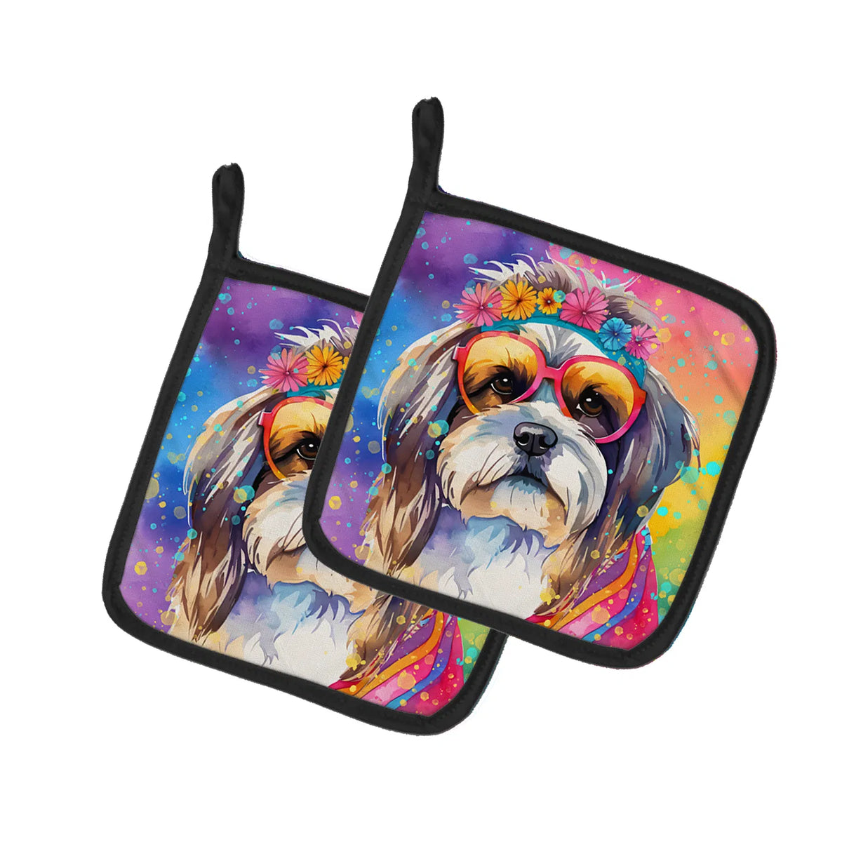 Shih Tzu Hippie Dawg Pair Of Pot Holders Kitchen Heat Resistant Pot