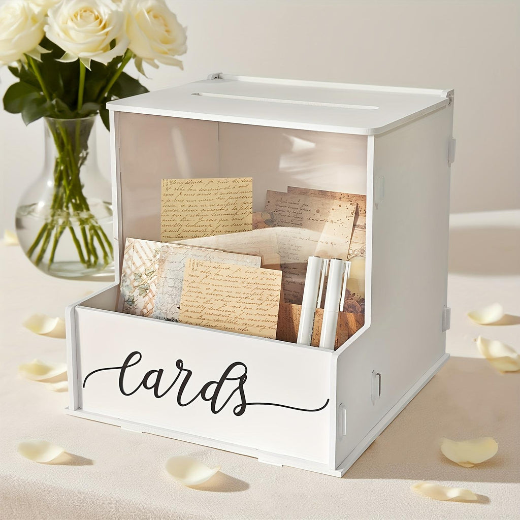 Elegant White PVC Rectangular Wedding Card Box With Lockable Lid