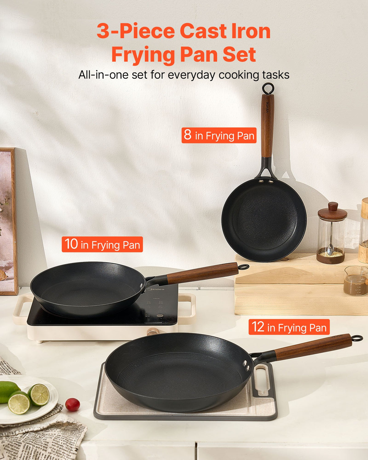 3 Piece Cast Iron Skillet Frying Pan Set 8 10 12 In Pre-seasoned