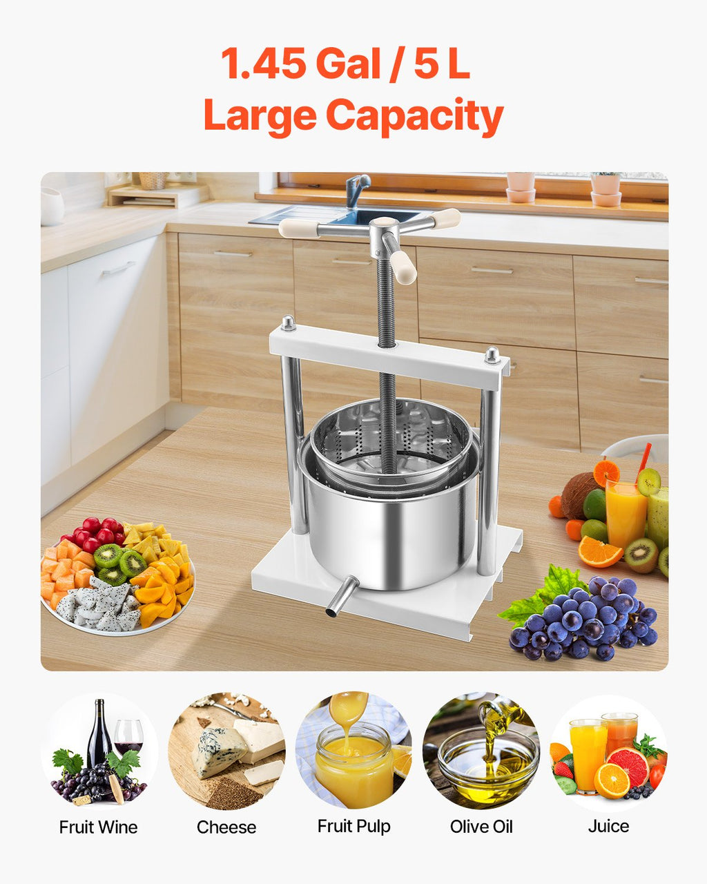 Fruit Wine Press Manual Press For Wine Making 1.45 Gal/5L Stainless