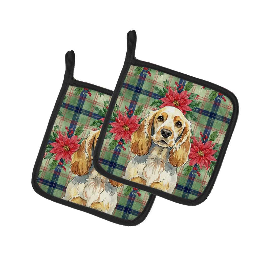 Lemon Roan English Cocker Spaniel Christmas Poinsettias Pair Of Pot